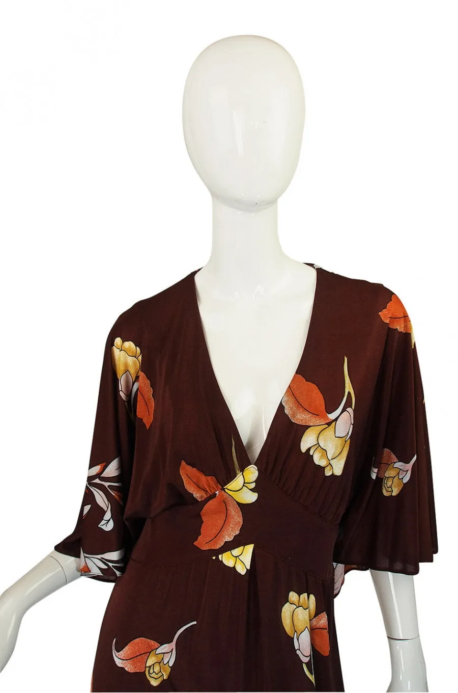 1970s Mac Tac Caped Floral Jersey Maxi Dress