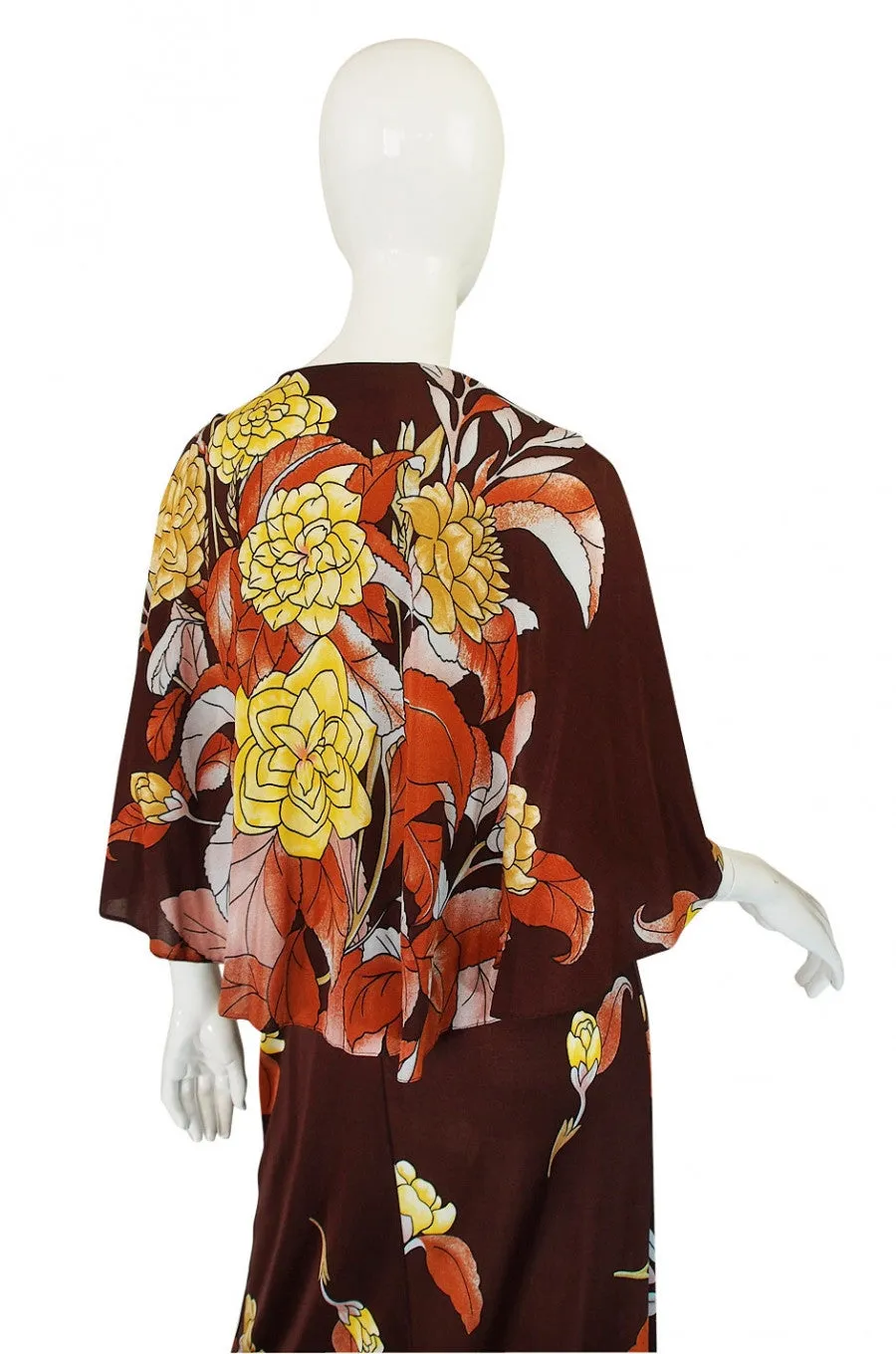 1970s Mac Tac Caped Floral Jersey Maxi Dress