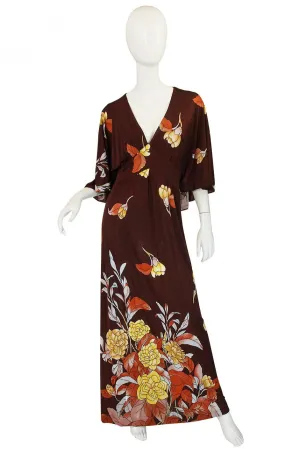 1970s Mac Tac Caped Floral Jersey Maxi Dress