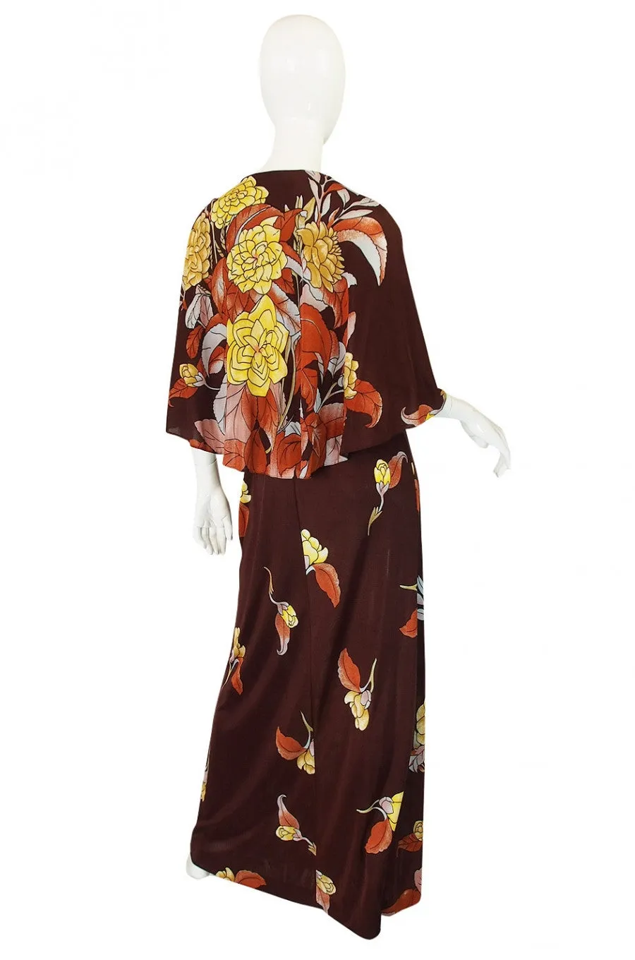 1970s Mac Tac Caped Floral Jersey Maxi Dress