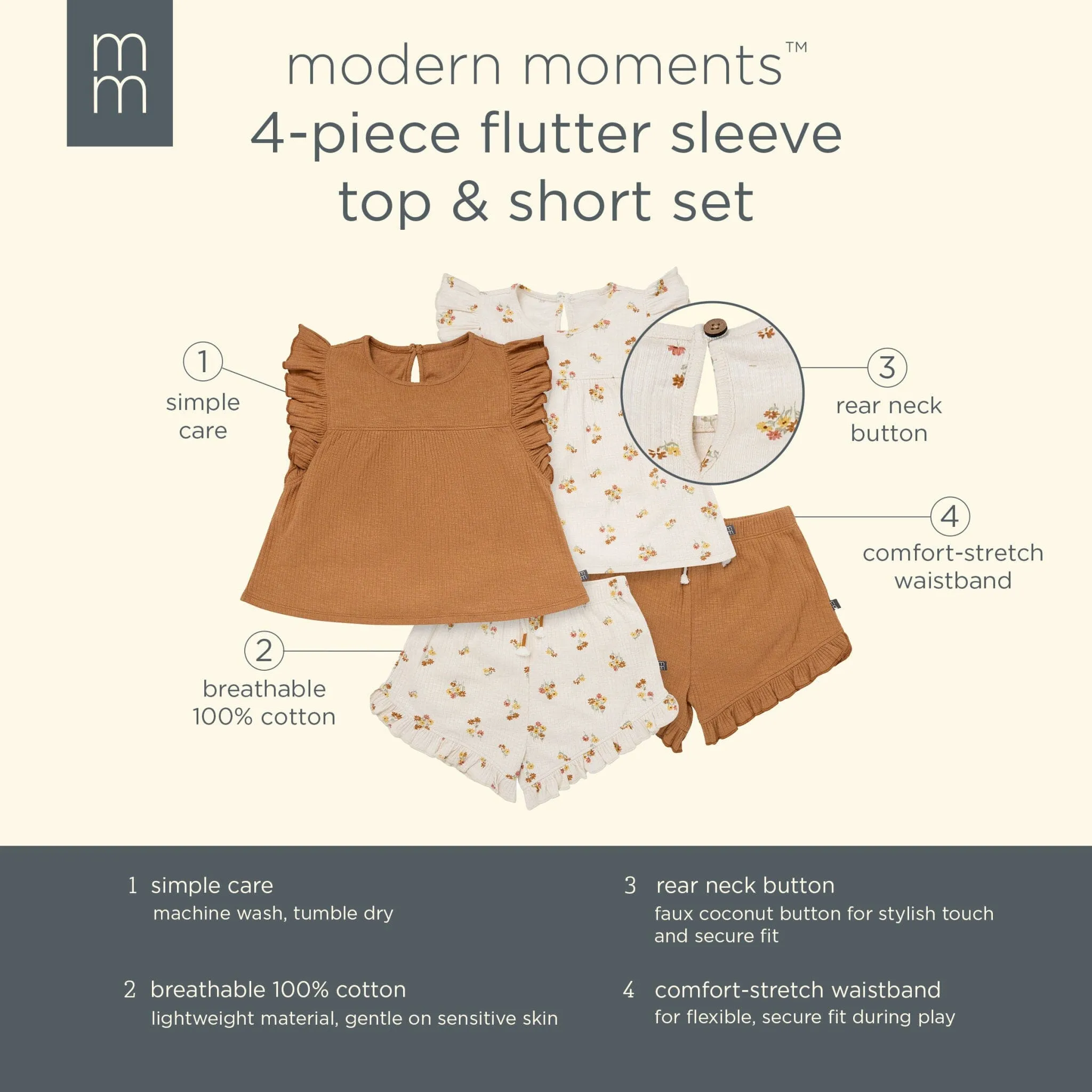 4-Piece Infant & Toddler Girls Beige Flowers Flutter Sleeve Tops and Shorts Set