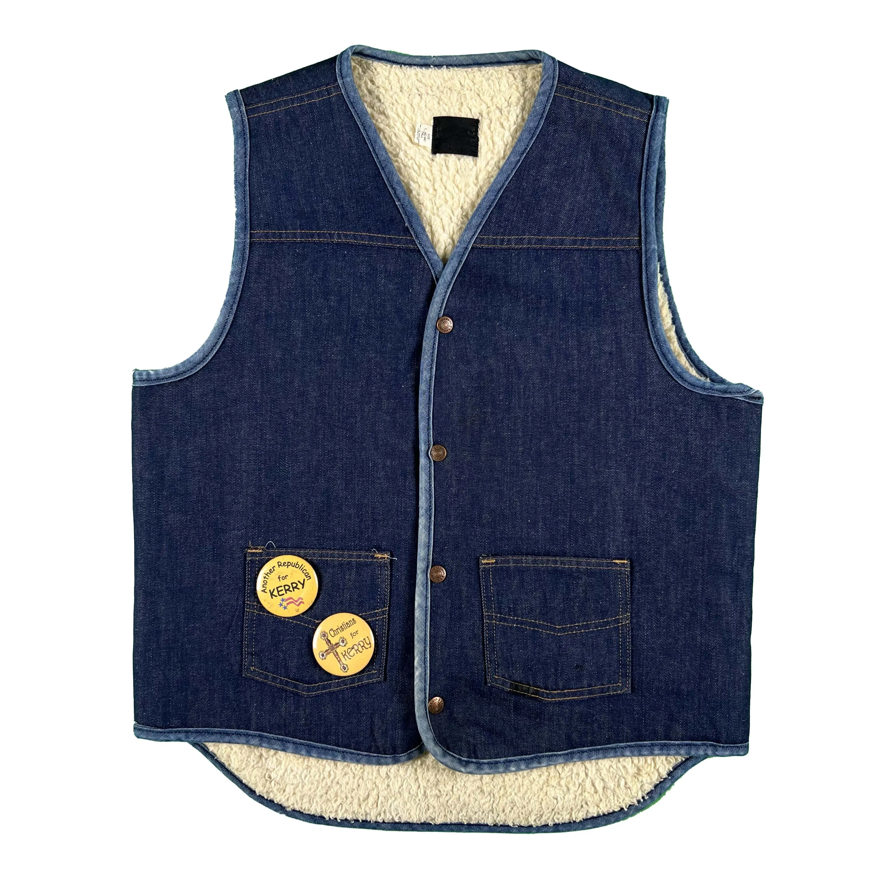 70s 'Christians for Kerry' Roebucks Sherpa Lined Denim Vest- L