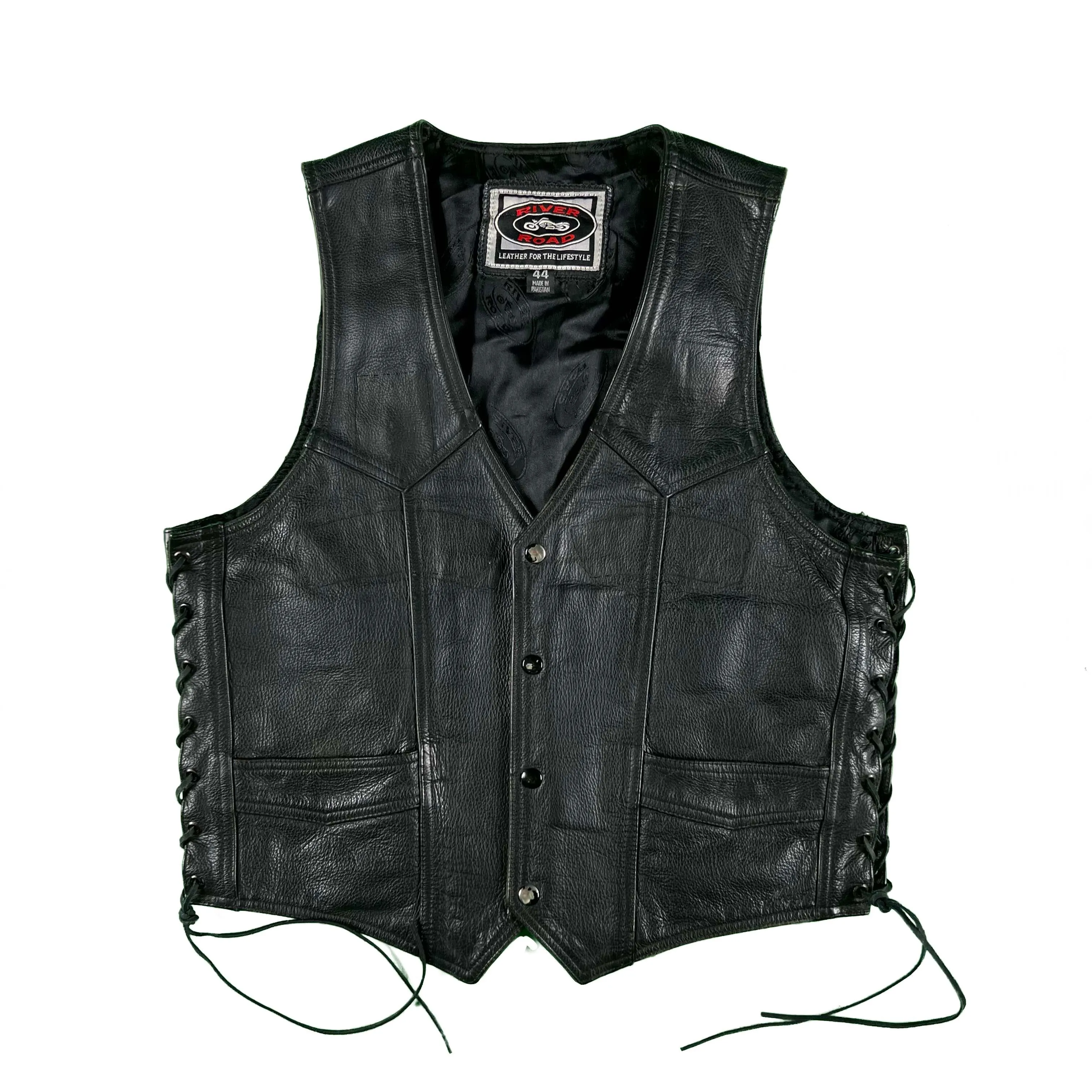 90s Black Leather Lace Sided Biker Vest- L