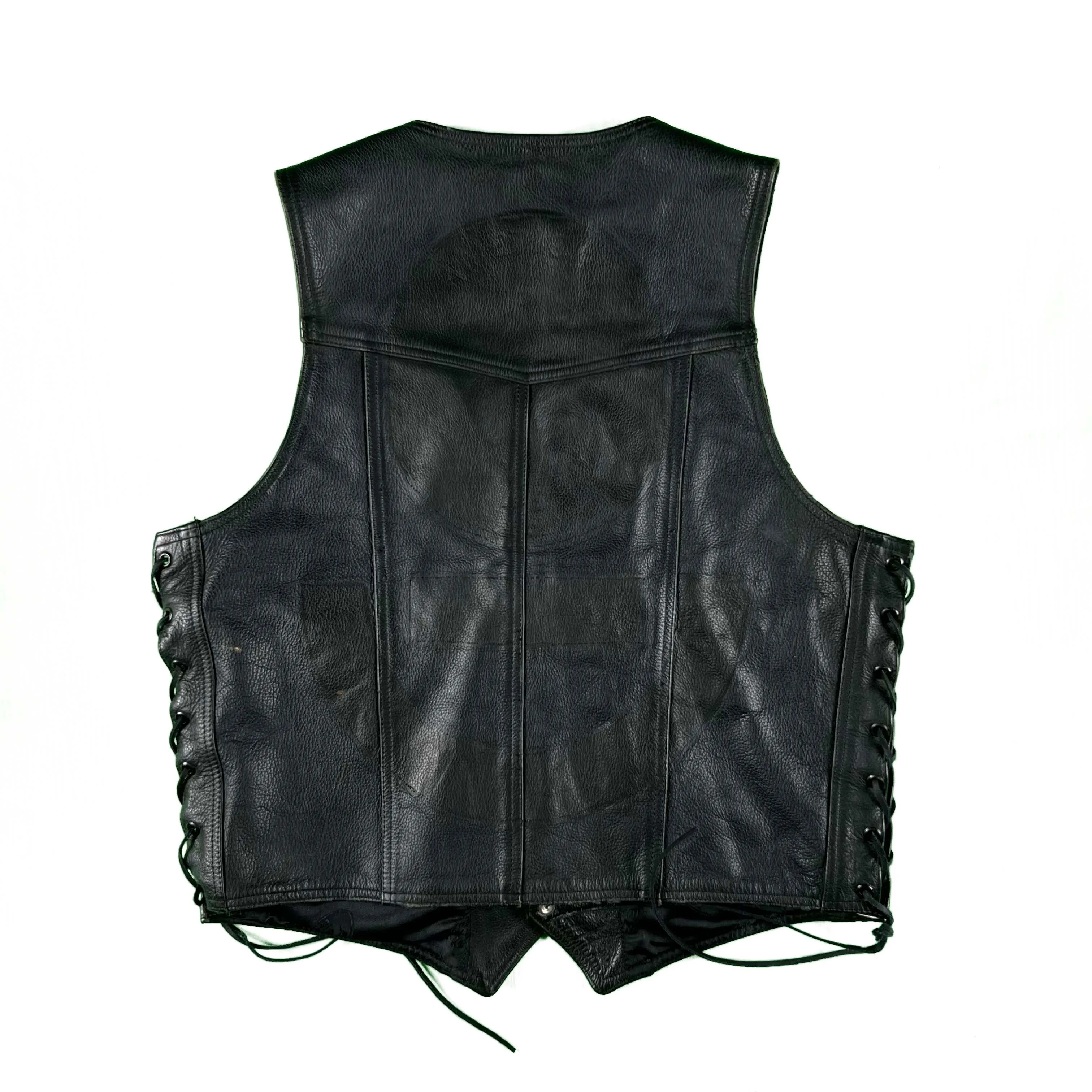 90s Black Leather Lace Sided Biker Vest- L