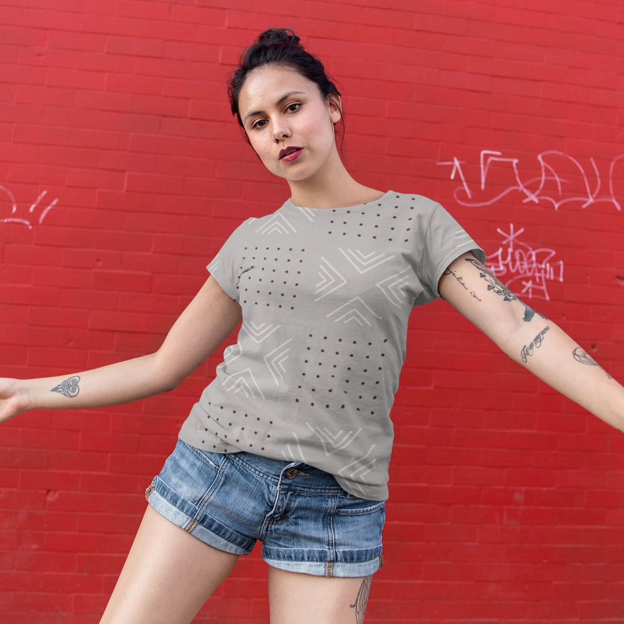 African print shirts for ladies: Geometric Gray with Red
