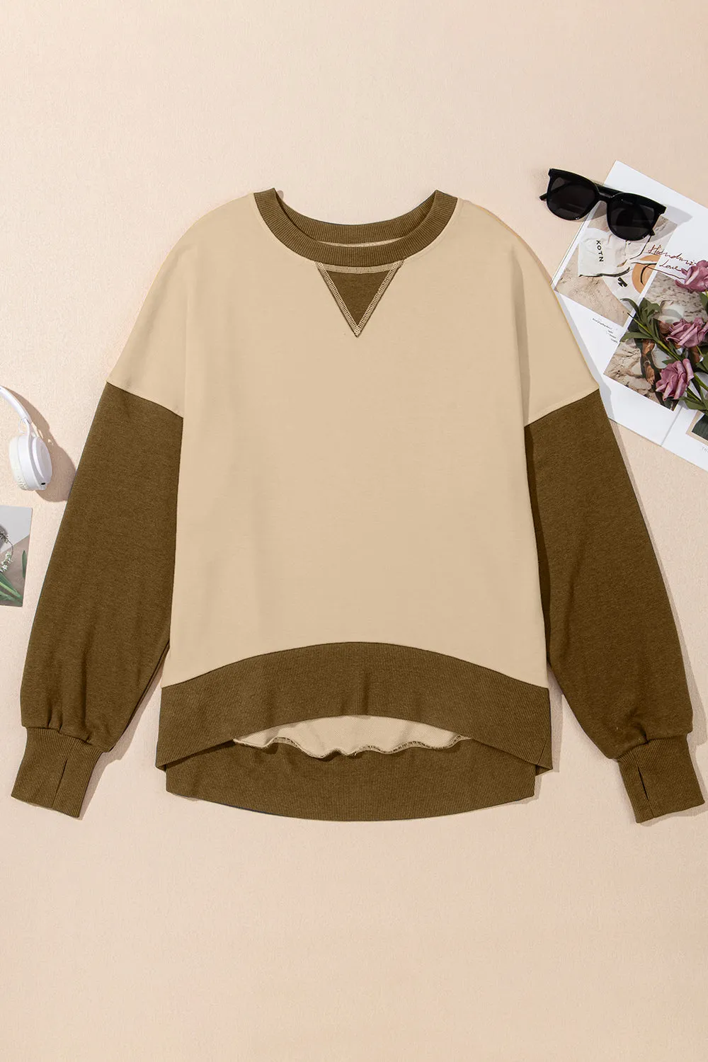 Antonia Contrast Round Neck Long Sleeve Sweatshirt- Deal of the Day!