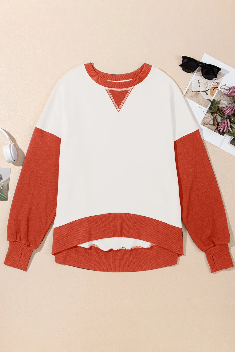 Antonia Contrast Round Neck Long Sleeve Sweatshirt- Deal of the Day!