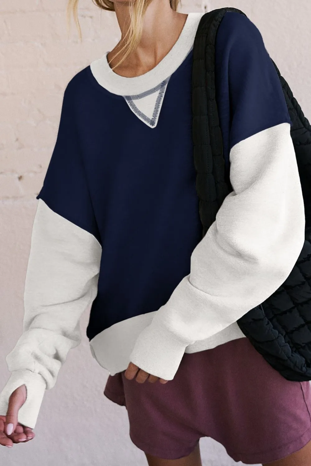 Antonia Contrast Round Neck Long Sleeve Sweatshirt- Deal of the Day!