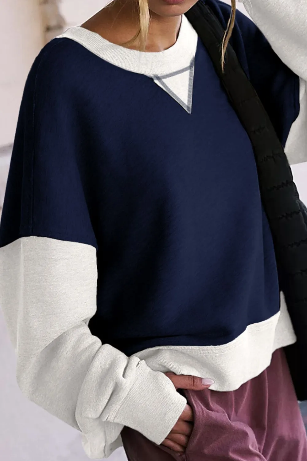 Antonia Contrast Round Neck Long Sleeve Sweatshirt- Deal of the Day!