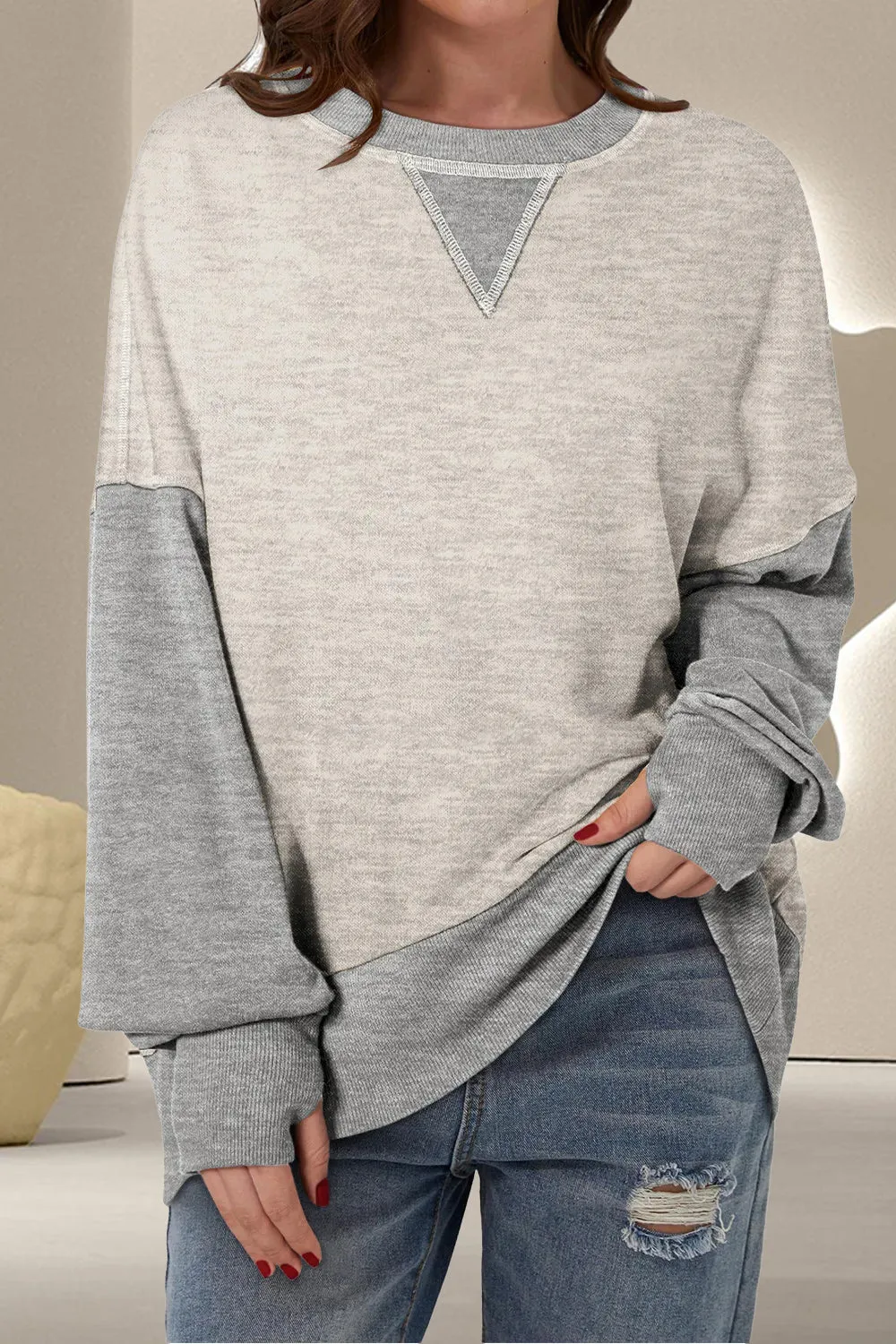 Antonia Contrast Round Neck Long Sleeve Sweatshirt- Deal of the Day!