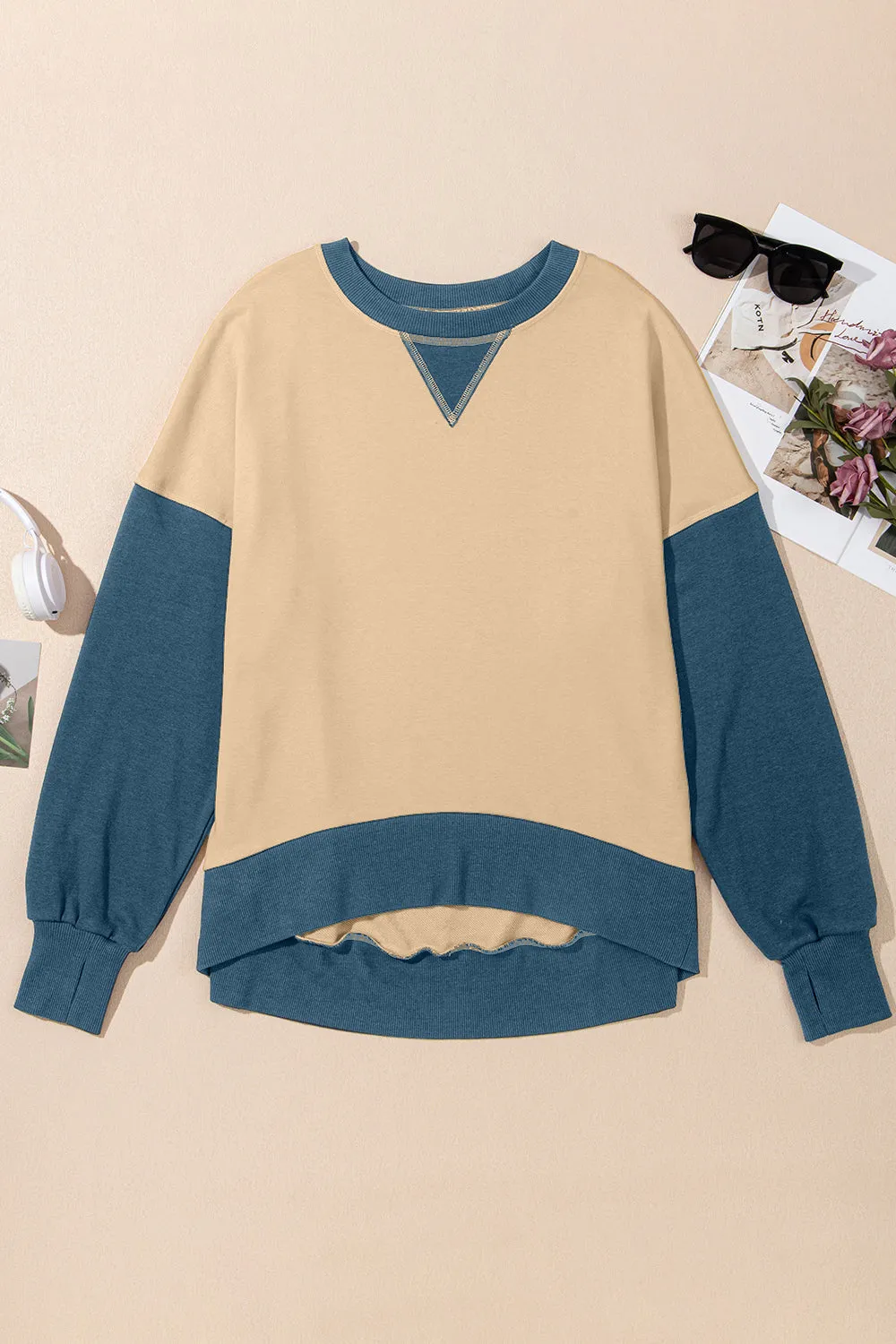 Antonia Contrast Round Neck Long Sleeve Sweatshirt- Deal of the Day!