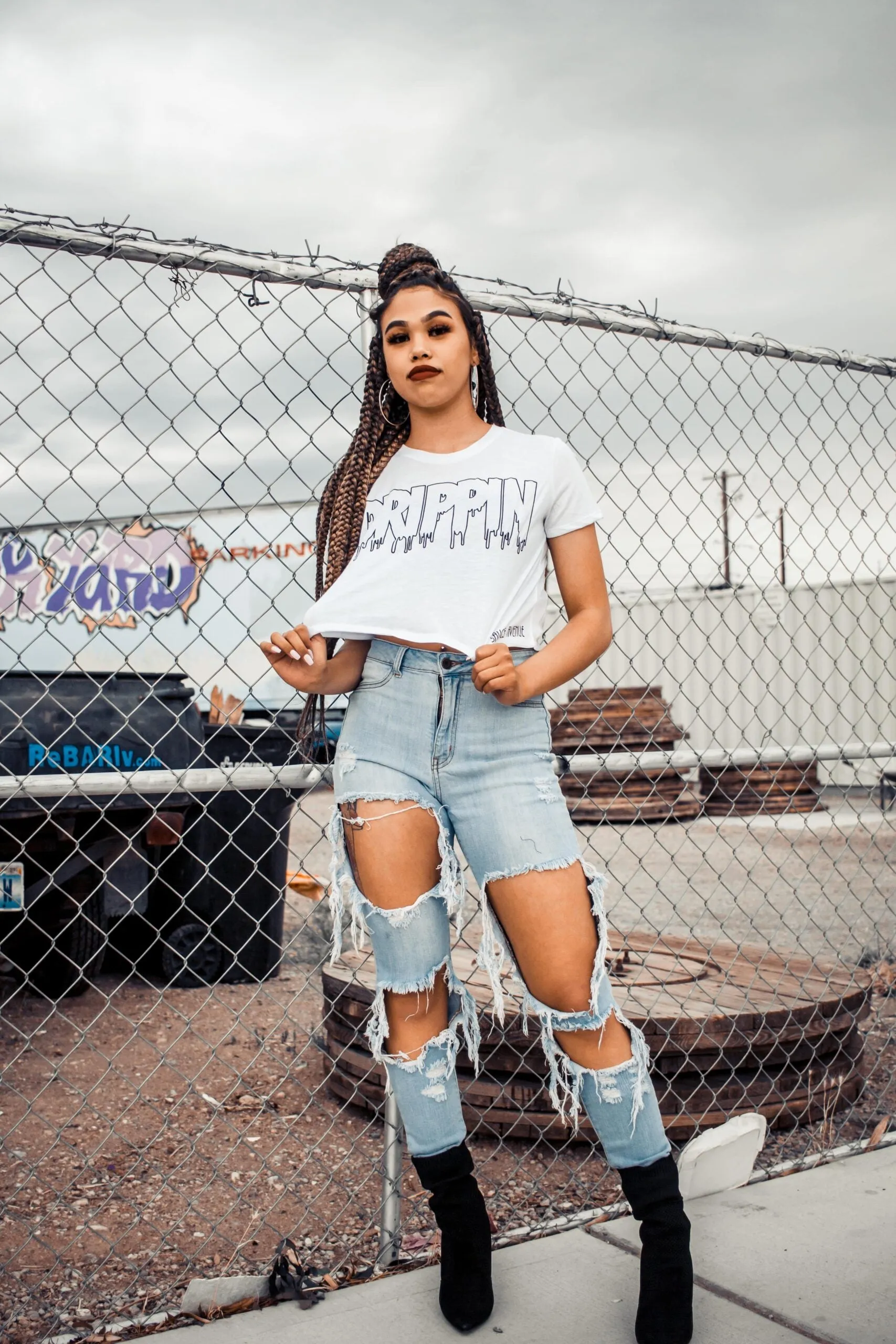 Black Drippin Outline | White Crop Top Tee