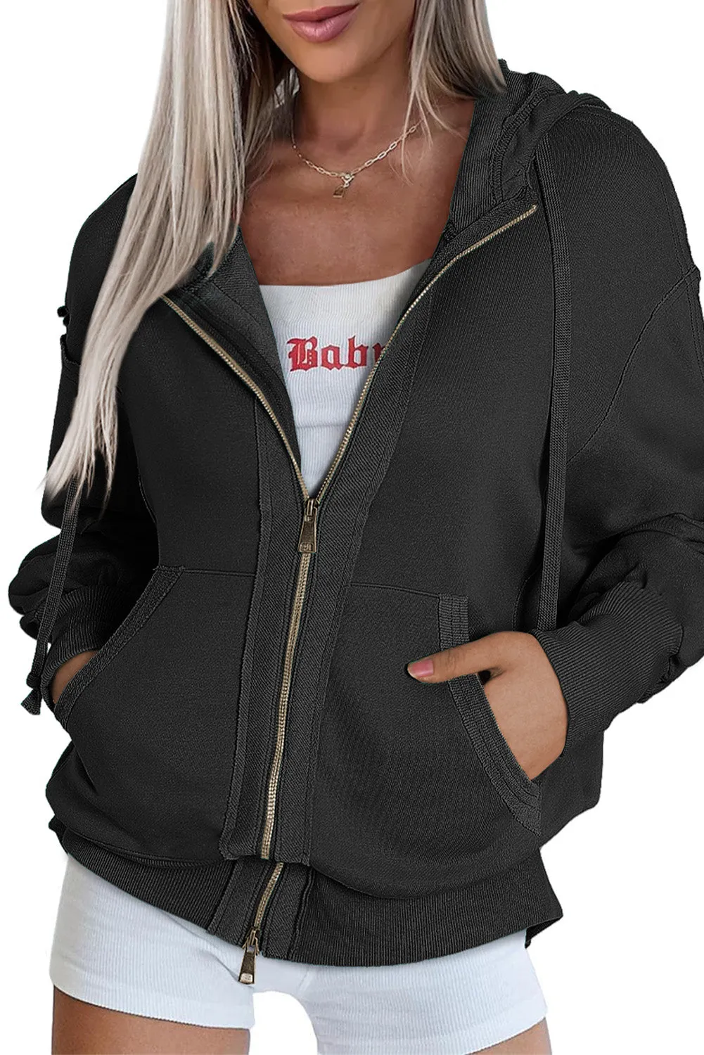 Black  Raw Edge Exposed Seam Full Zip Hoodie