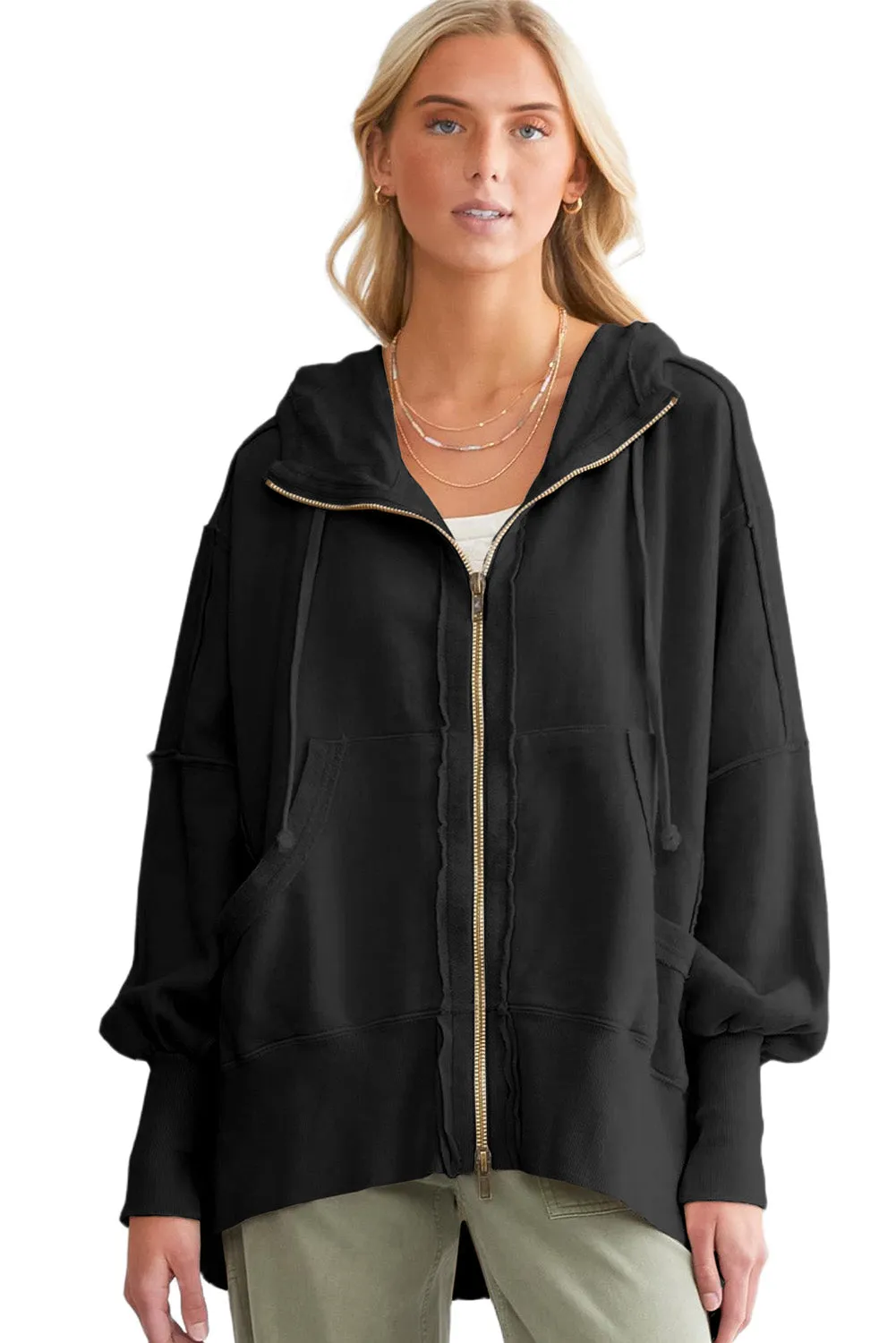 Black  Raw Edge Exposed Seam Full Zip Hoodie