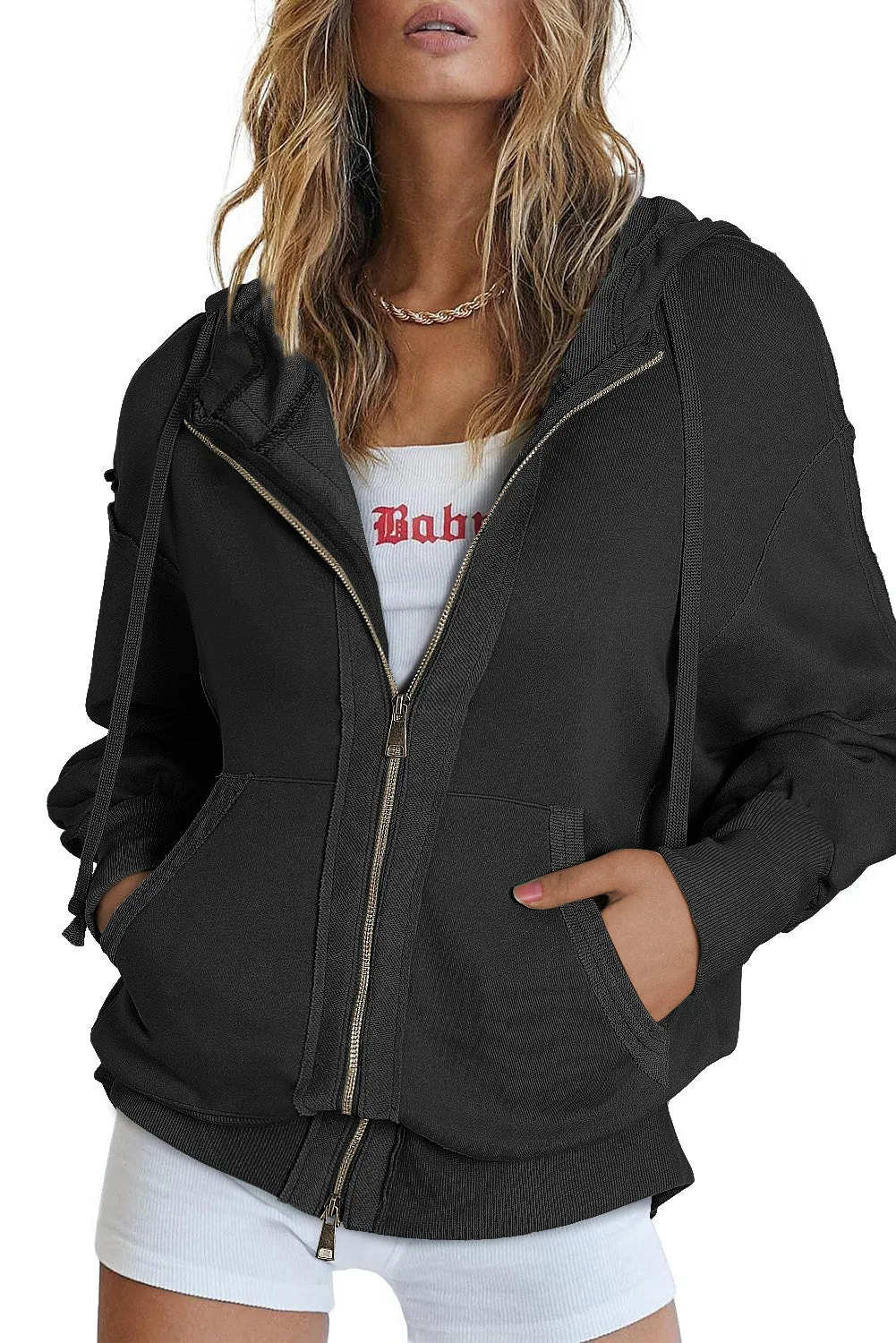 Black  Raw Edge Exposed Seam Full Zip Hoodie