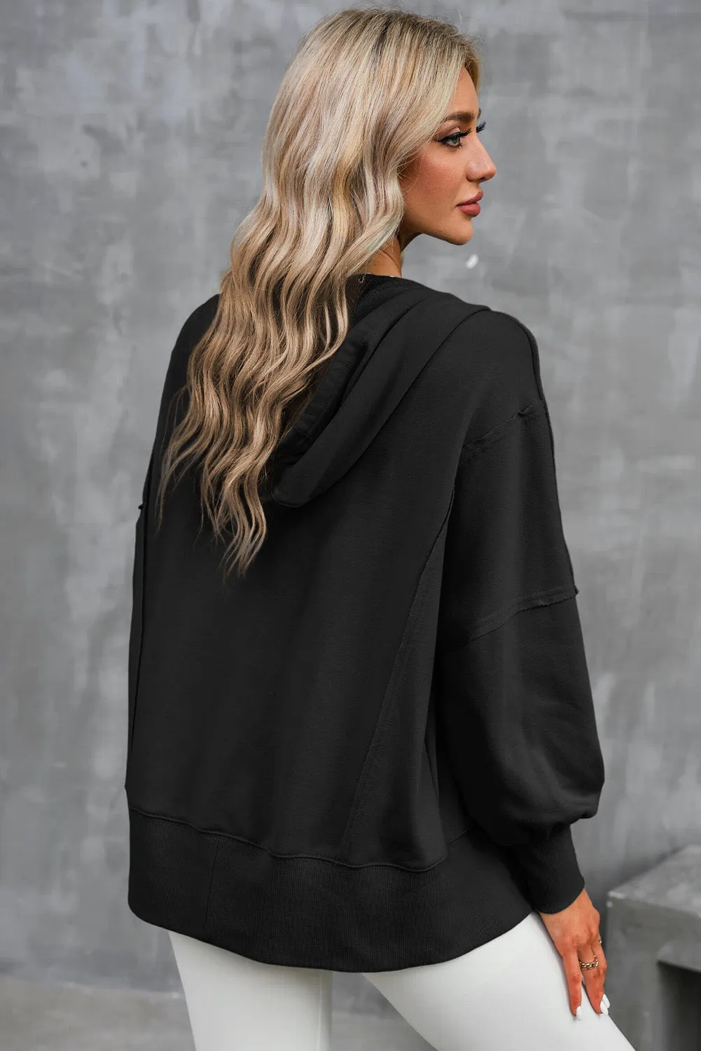 Black  Raw Edge Exposed Seam Full Zip Hoodie