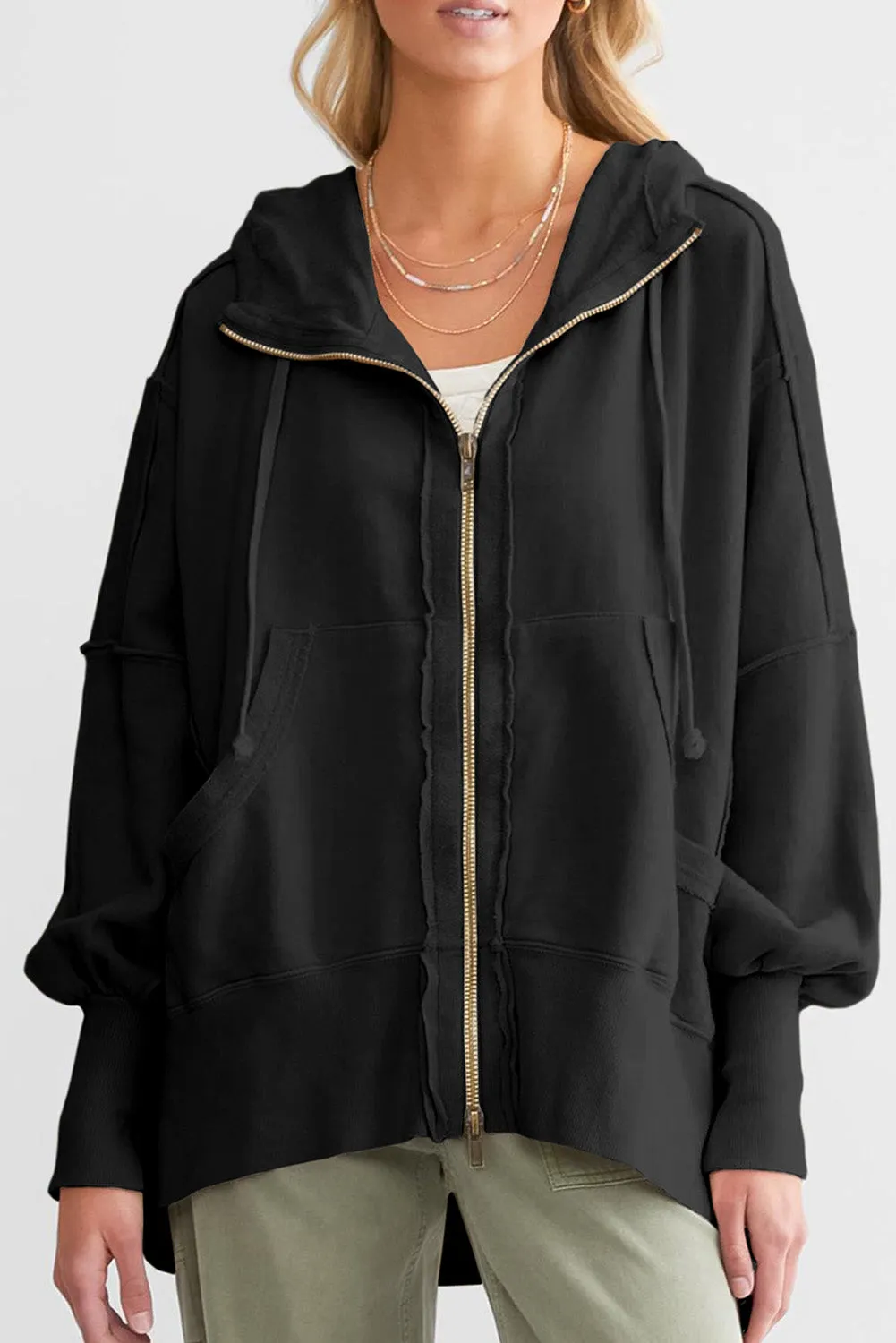 Black  Raw Edge Exposed Seam Full Zip Hoodie