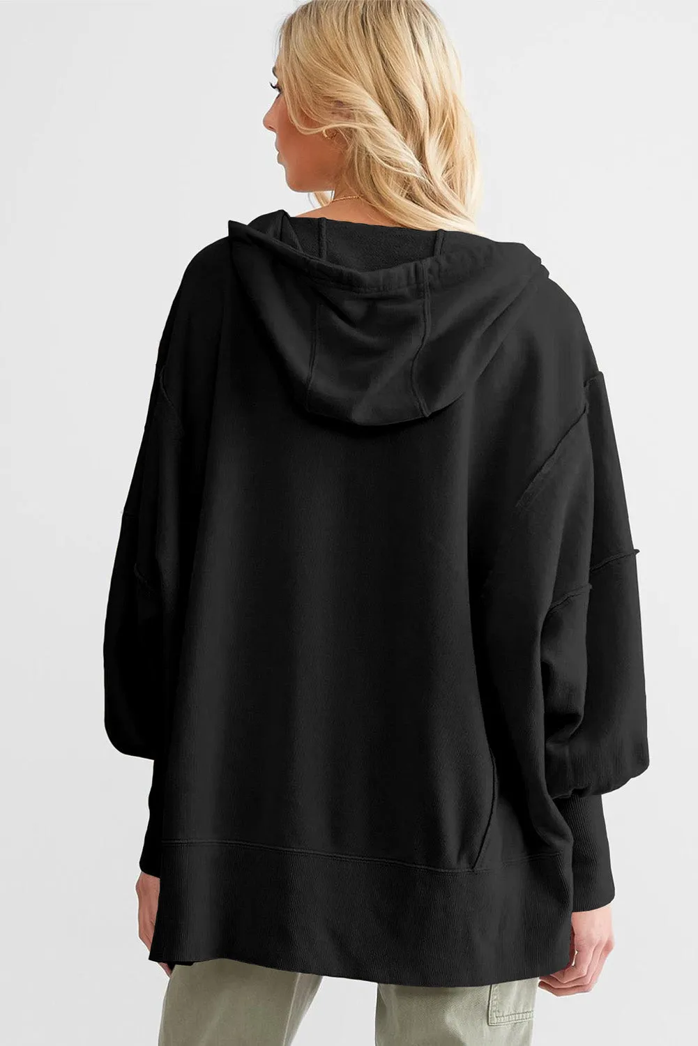 Black  Raw Edge Exposed Seam Full Zip Hoodie