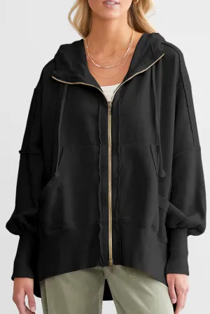 Black  Raw Edge Exposed Seam Full Zip Hoodie