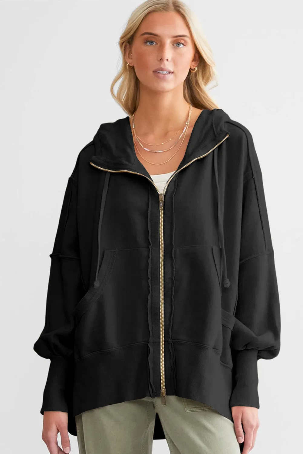 Black  Raw Edge Exposed Seam Full Zip Hoodie