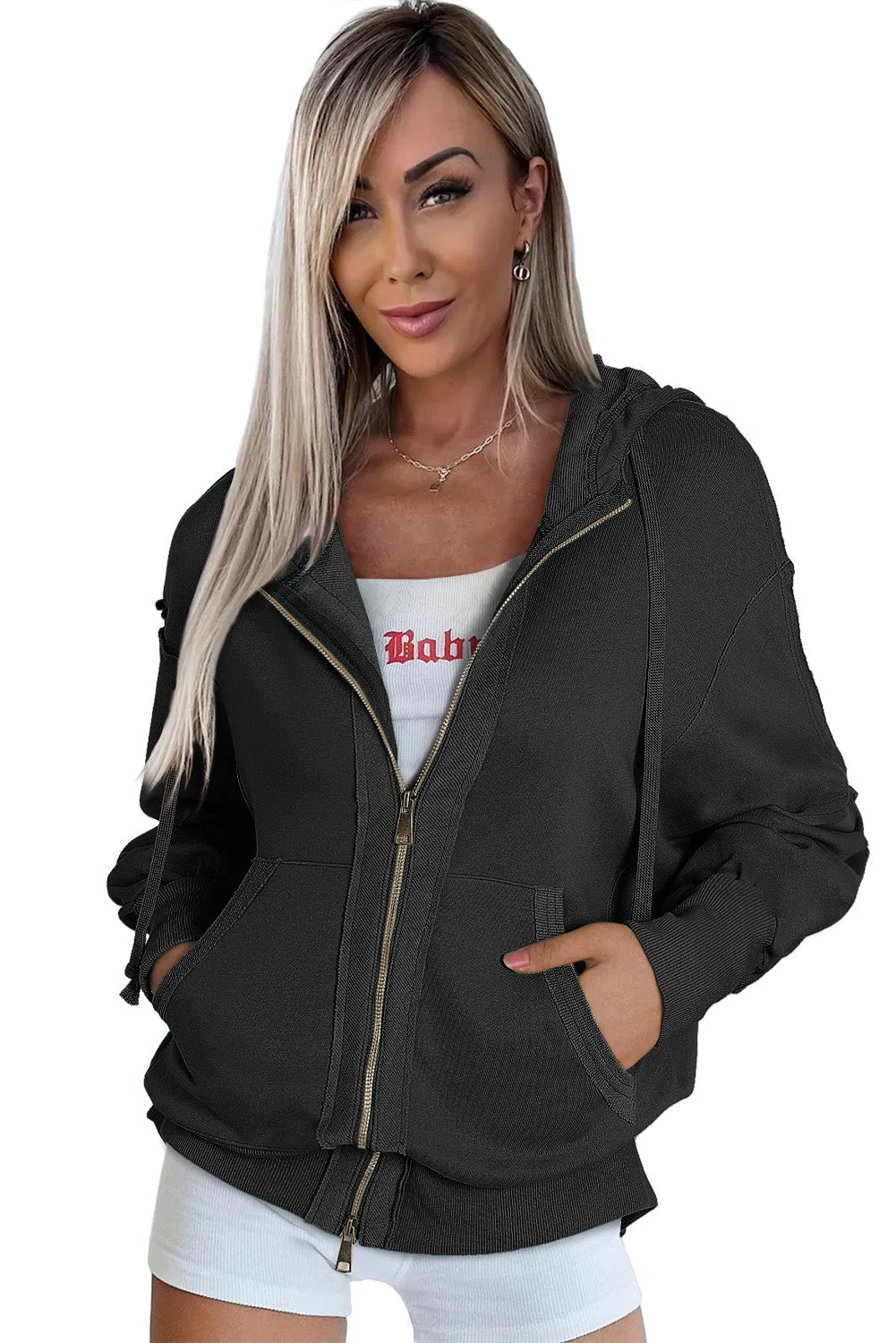 Black  Raw Edge Exposed Seam Full Zip Hoodie