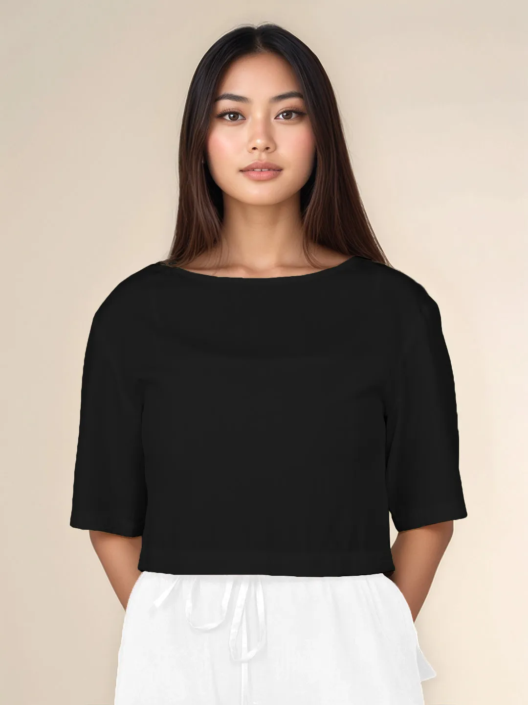 Black Solid Round Neck Crop Top