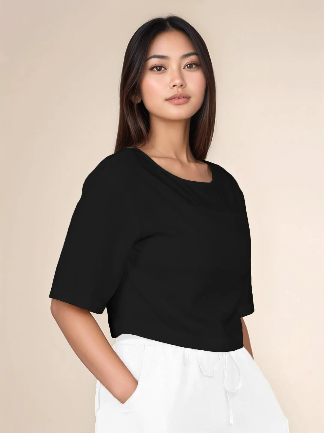 Black Solid Round Neck Crop Top