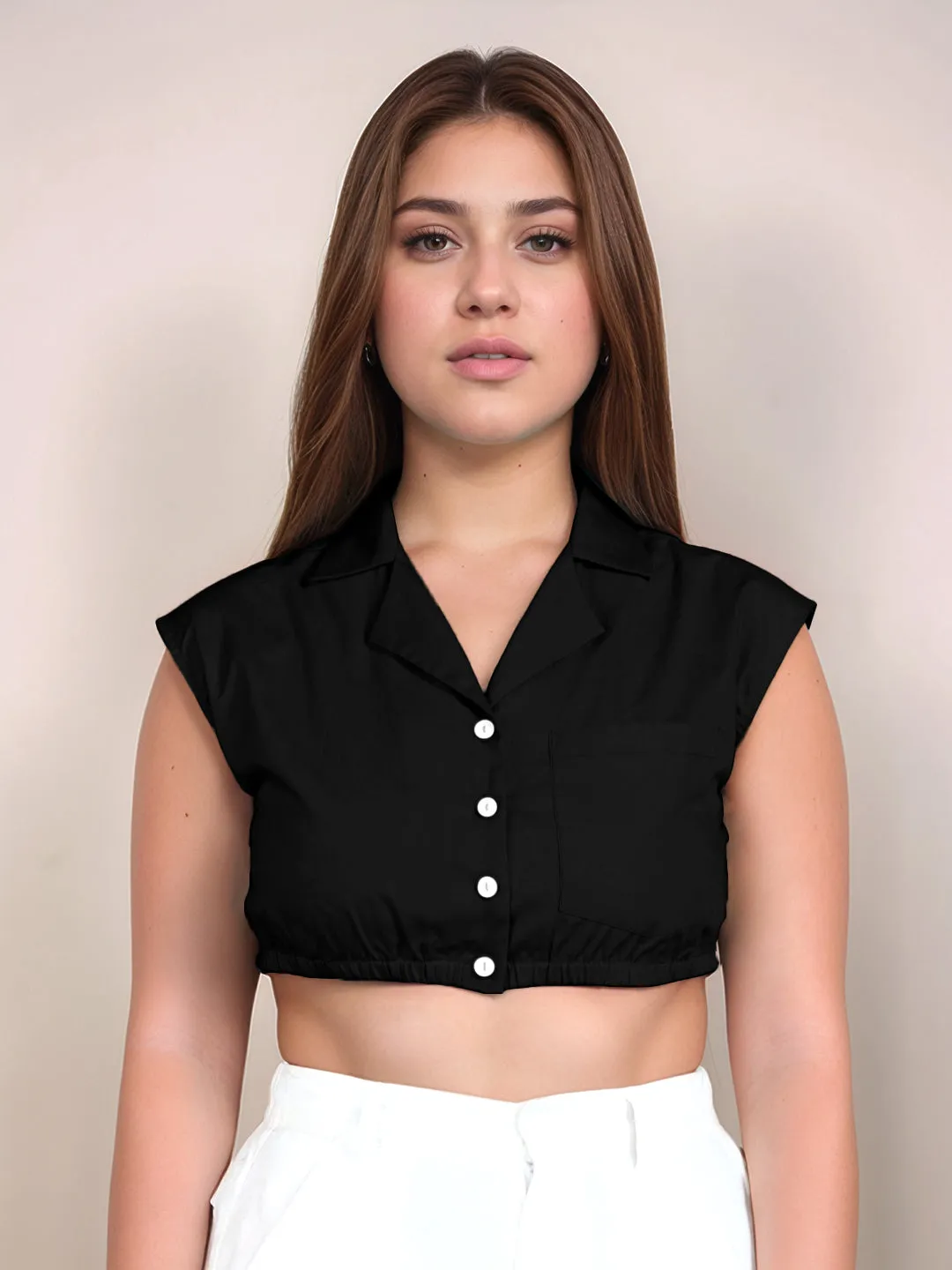 Black Solid Sleeveless Crop Top