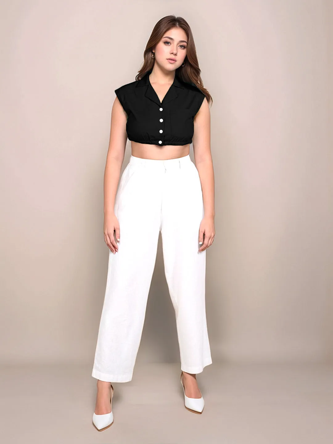 Black Solid Sleeveless Crop Top