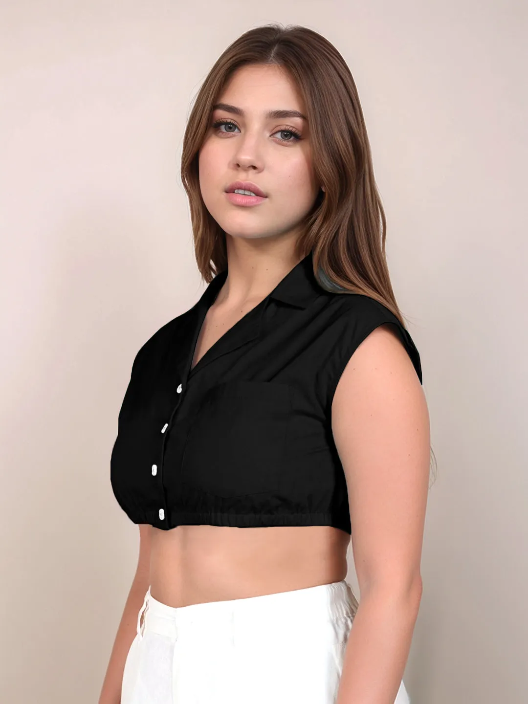 Black Solid Sleeveless Crop Top