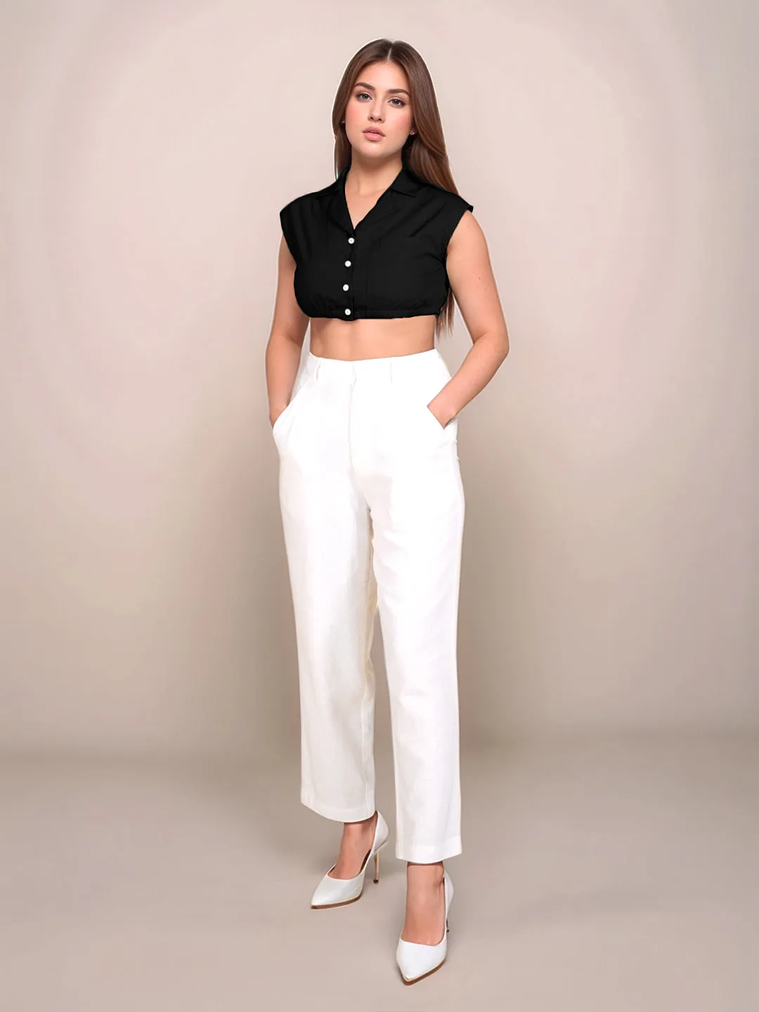 Black Solid Sleeveless Crop Top