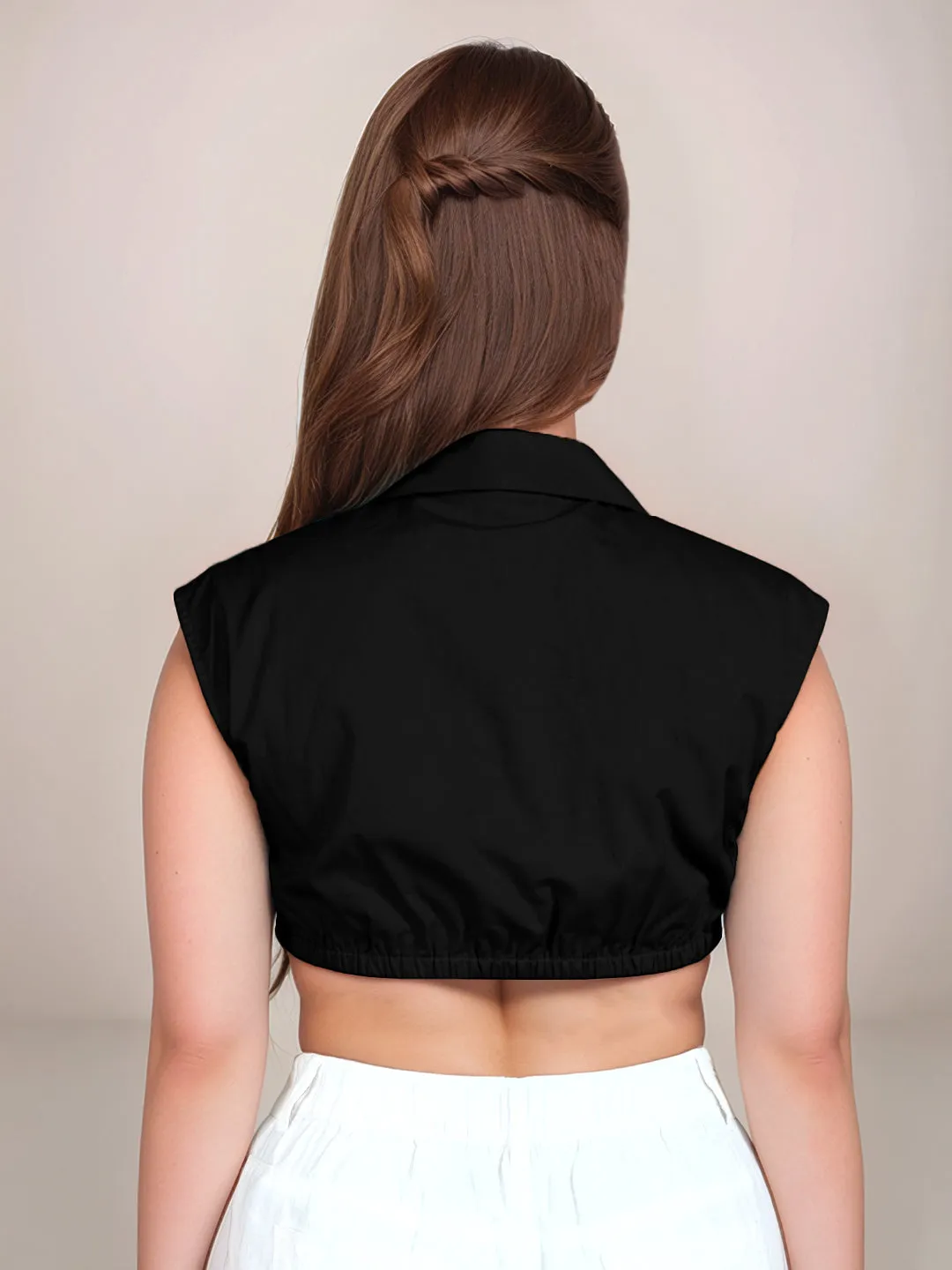 Black Solid Sleeveless Crop Top