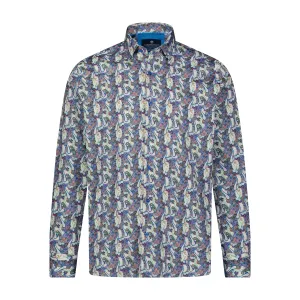 Blue, Aqua, Purple, and Orange Paisley Print Long Sleeve Shirt