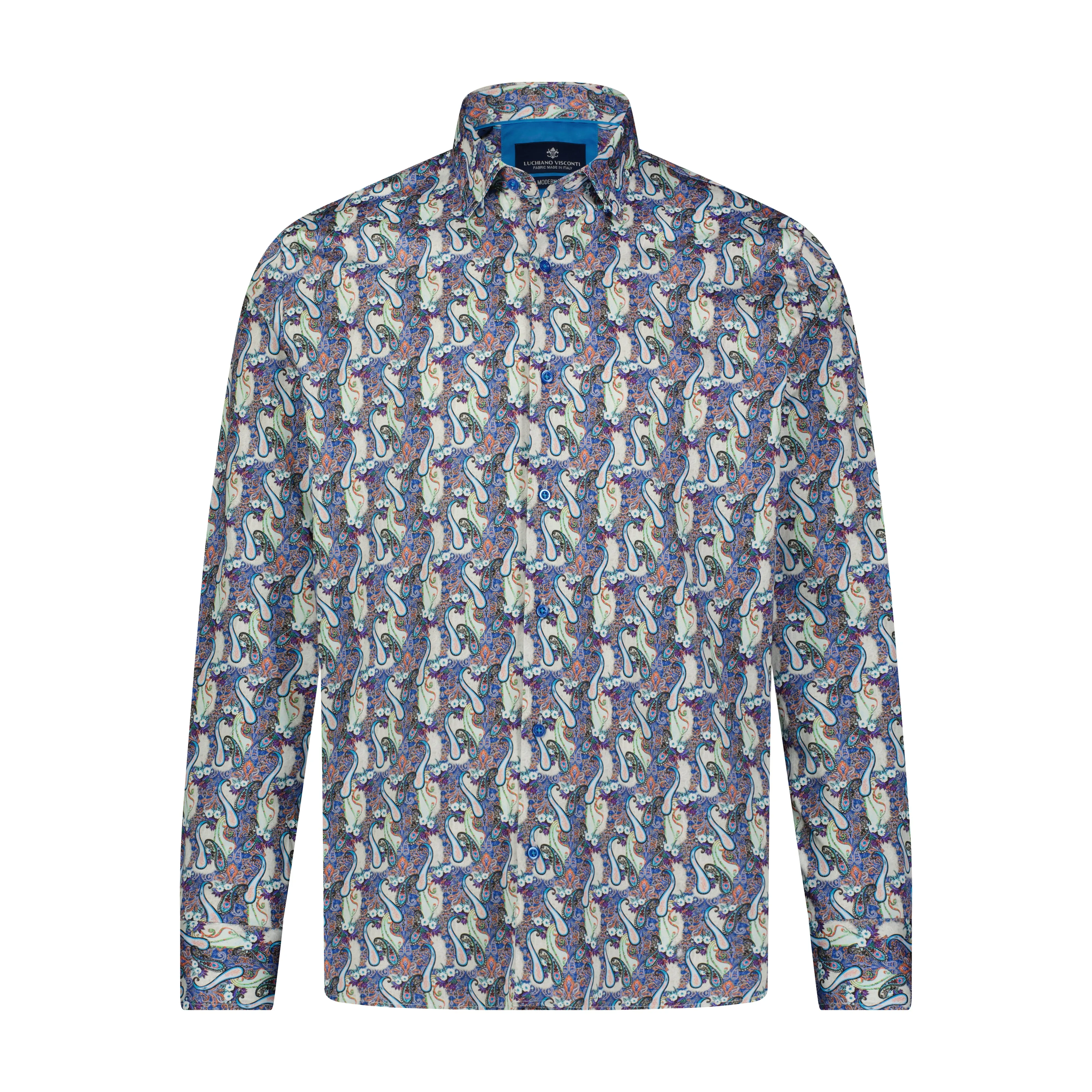 Blue, Aqua, Purple, and Orange Paisley Print Long Sleeve Shirt