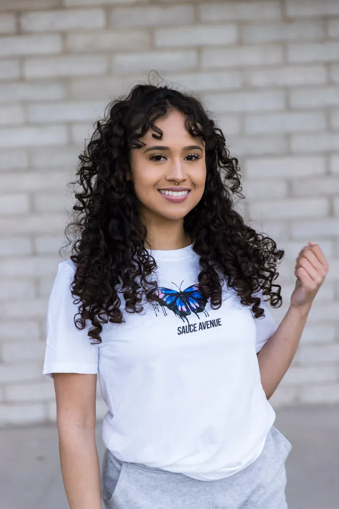 Blue Black Calm & Power Butterfly Drip | White Tee