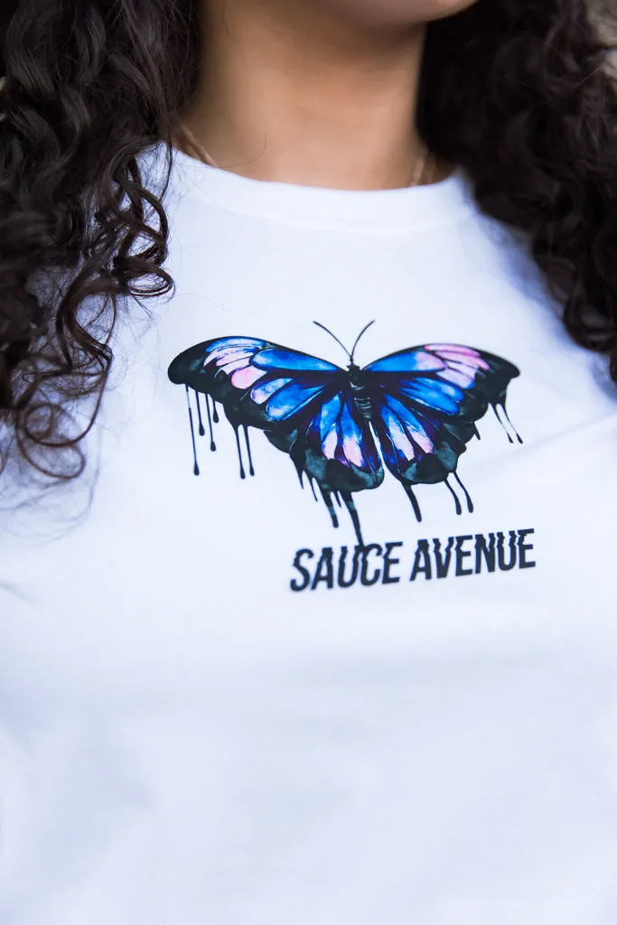 Blue Black Calm & Power Butterfly Drip | White Tee