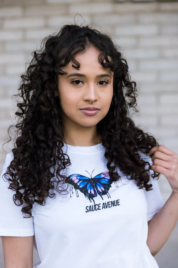Blue Black Calm & Power Butterfly Drip | White Tee