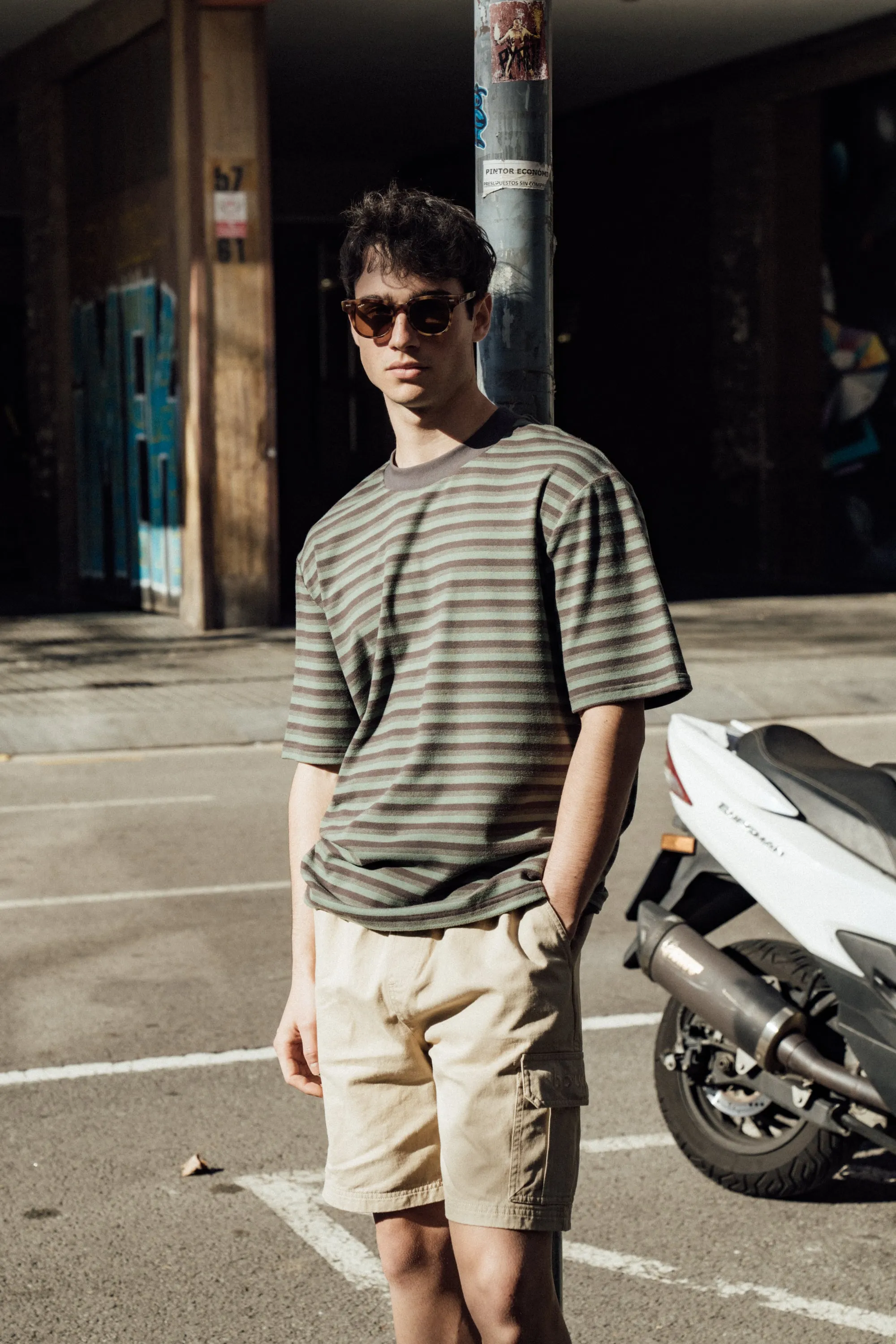 bound Peached Stripe Tee - Charcoal & Sage
