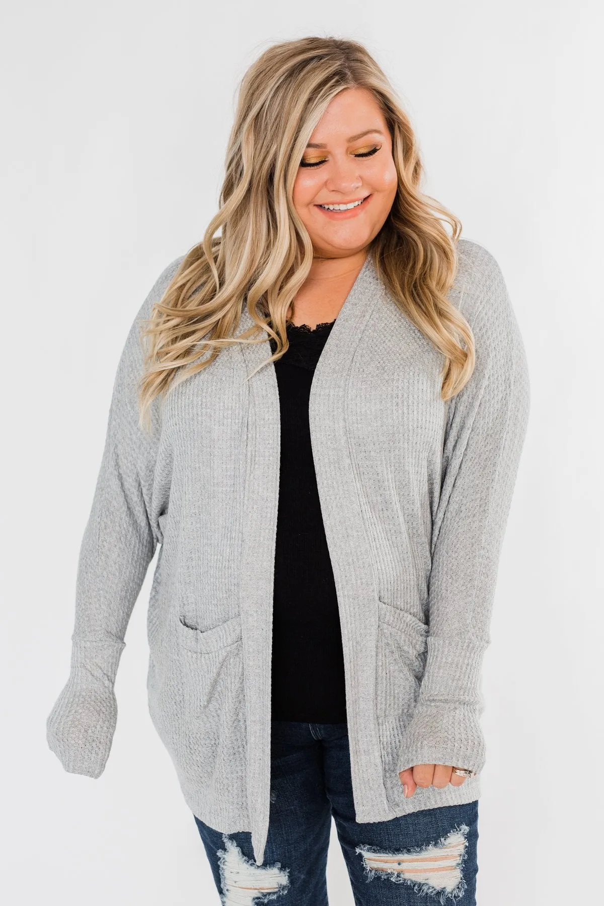 Break Free Waffle Knit Cardigan- Grey