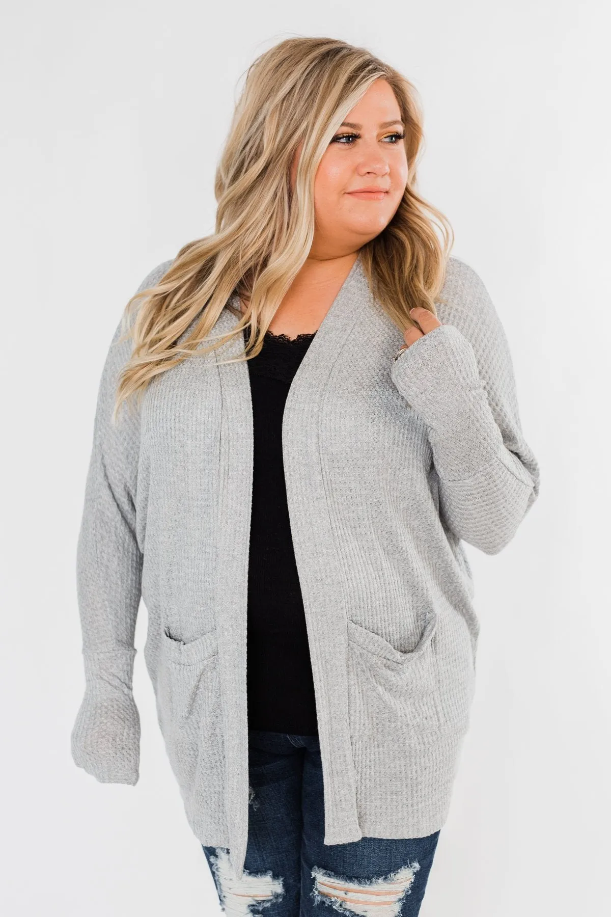 Break Free Waffle Knit Cardigan- Grey