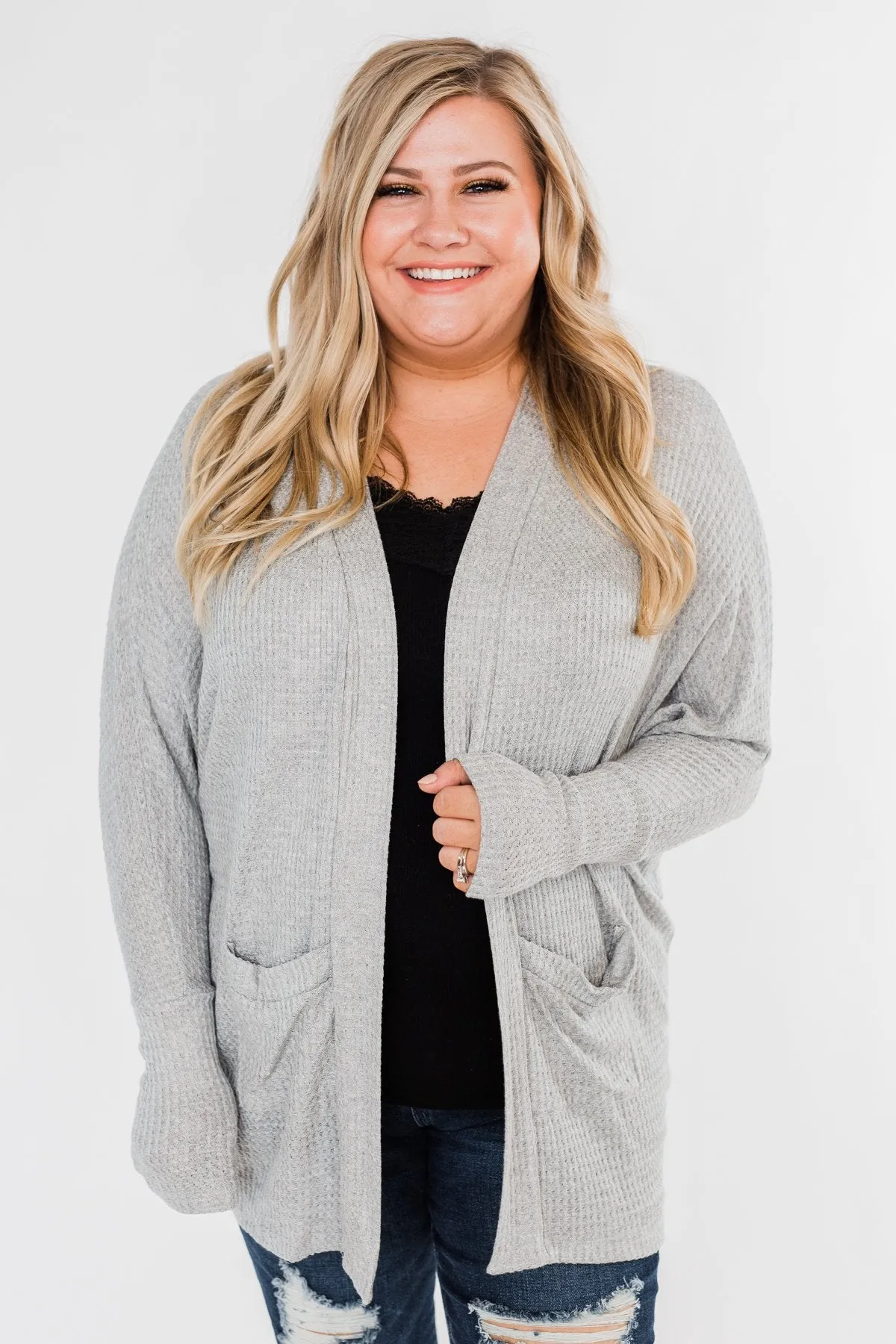 Break Free Waffle Knit Cardigan- Grey