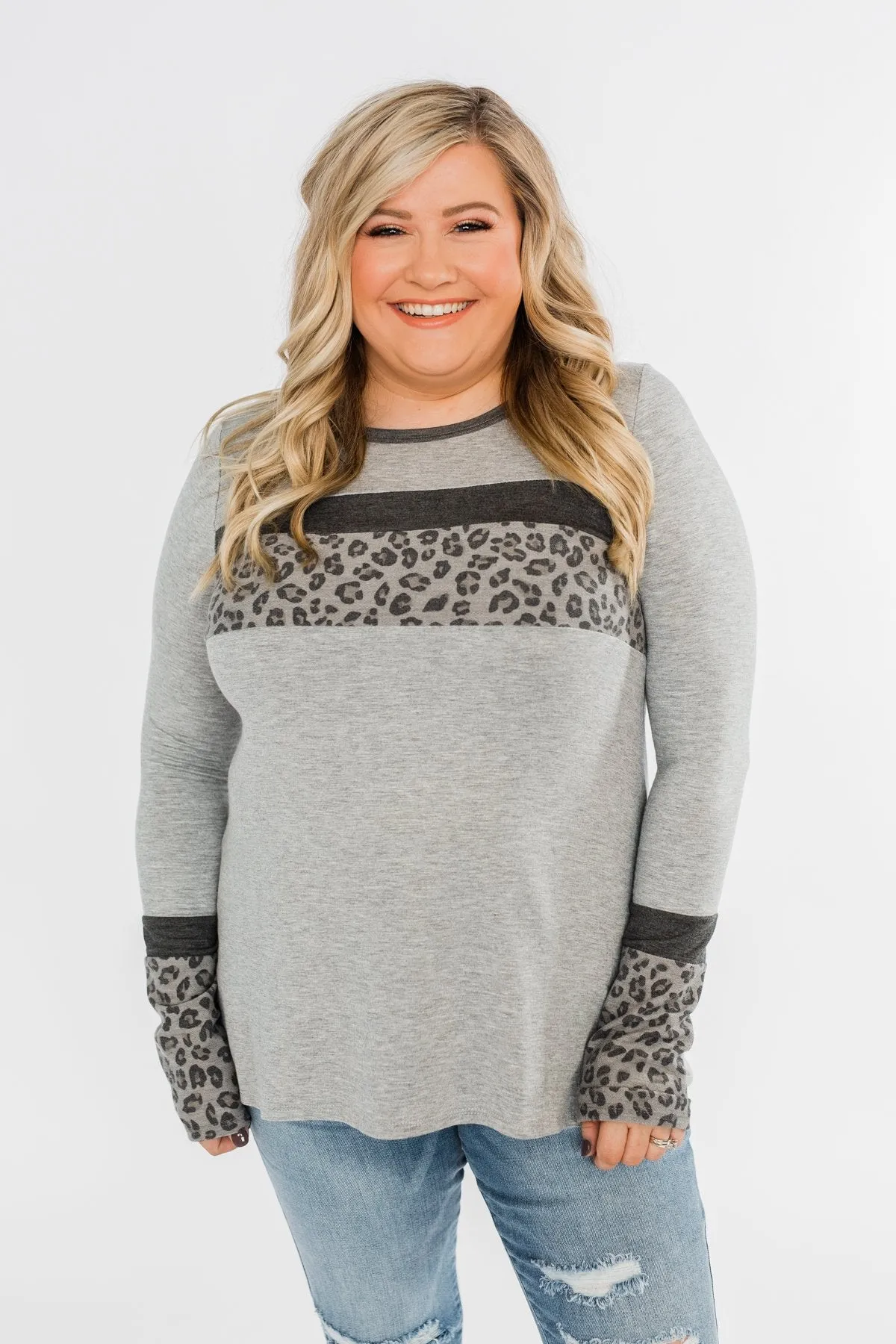 Can't Stop Smiling Long Sleeve Top- Grey