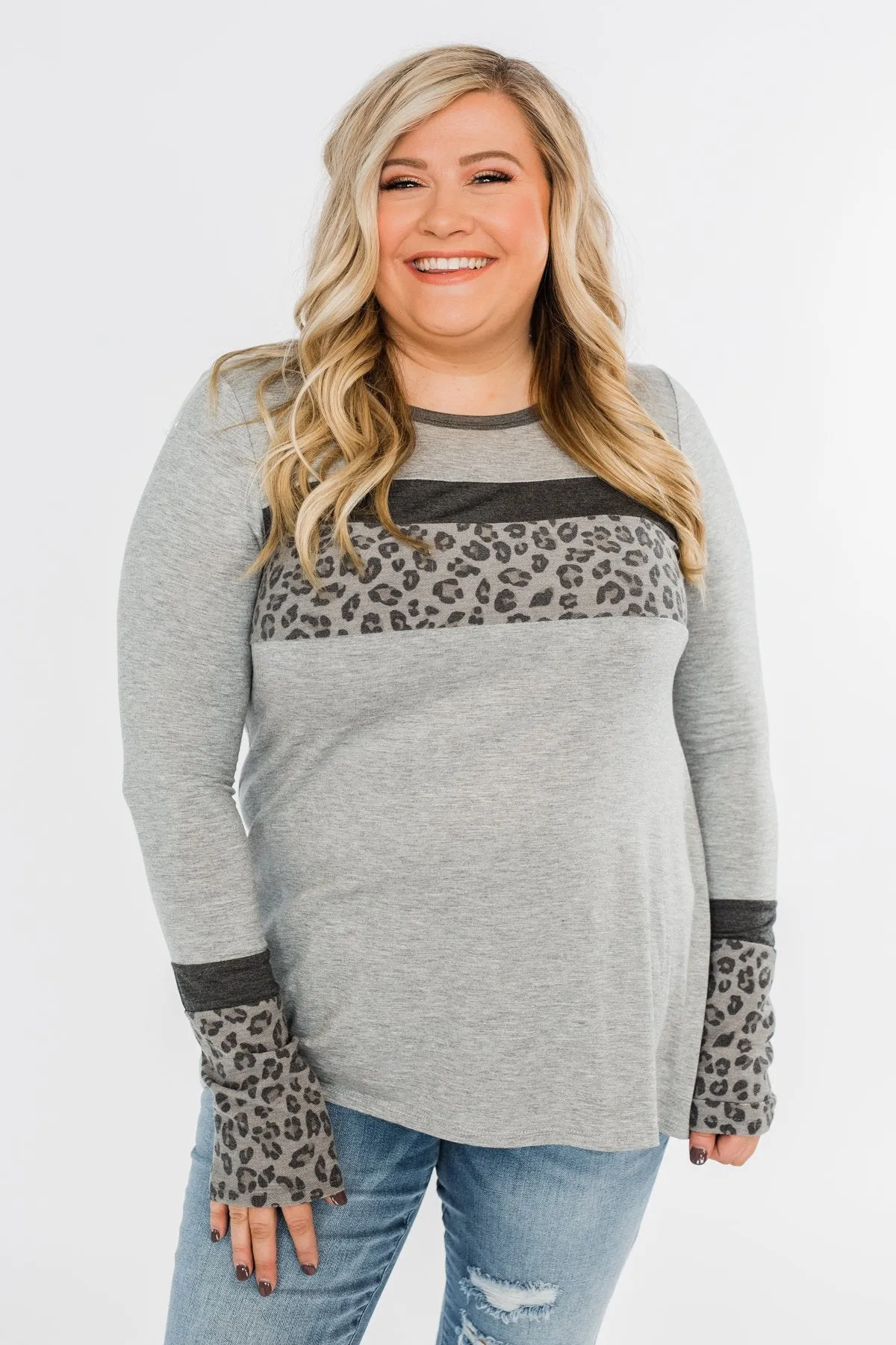 Can't Stop Smiling Long Sleeve Top- Grey