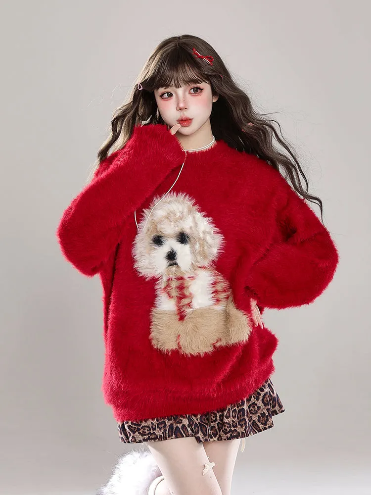Cartoon Puppy Mohair Pullover Sweater