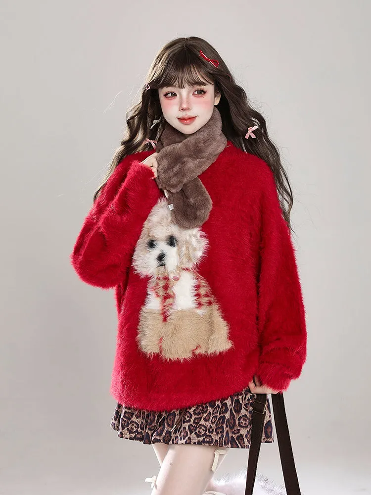 Cartoon Puppy Mohair Pullover Sweater
