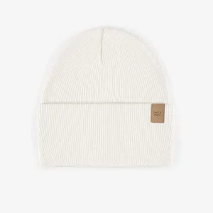 Chapeau crème d’extérieur en tricot côtelé, enfant || Cream outdoor hat in ribbed knit, child