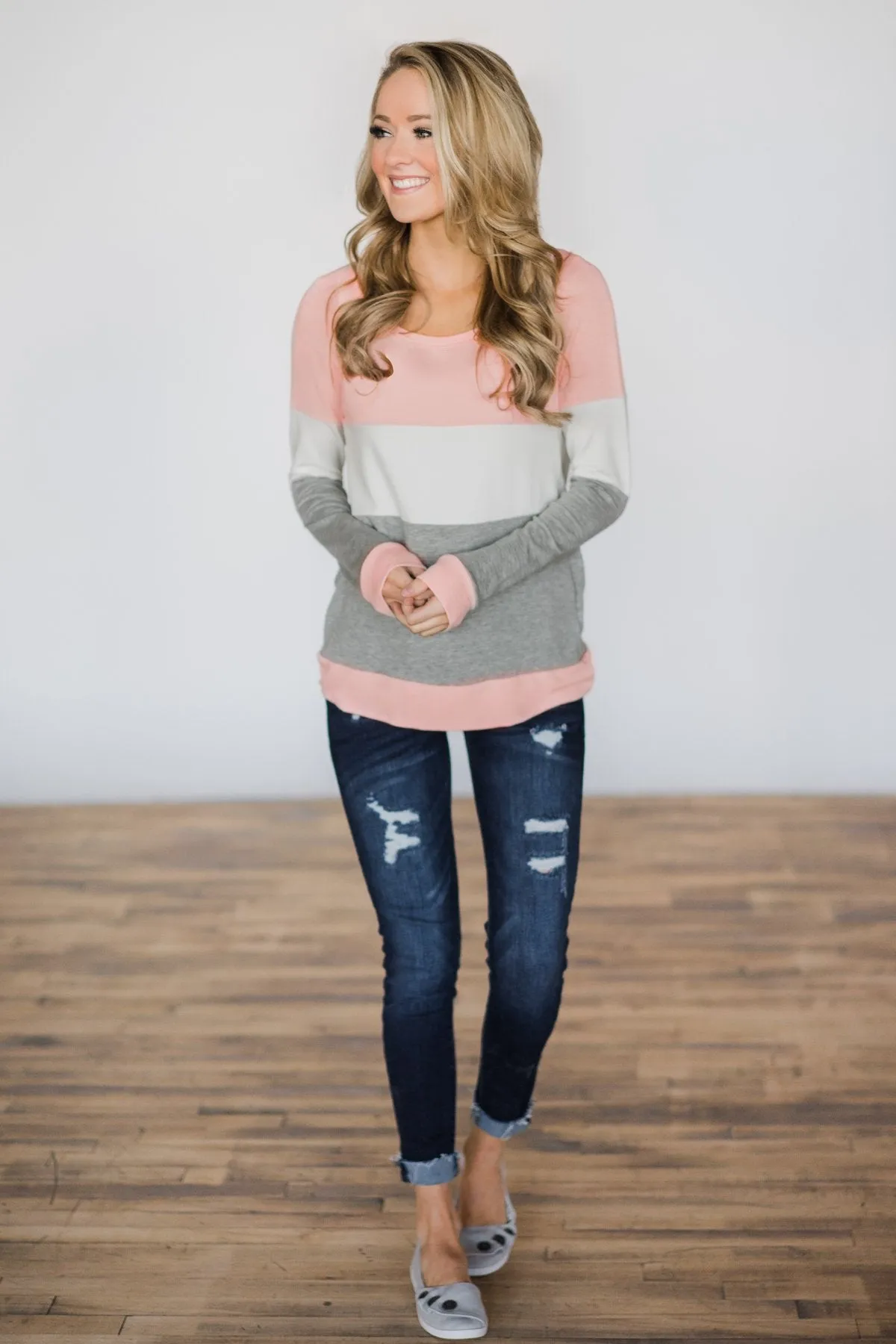 Color Block Cutie Long Sleeve Top - Pink
