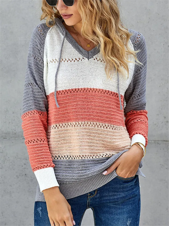 Color Block Hooded Sweater With Ajustable Drawstring