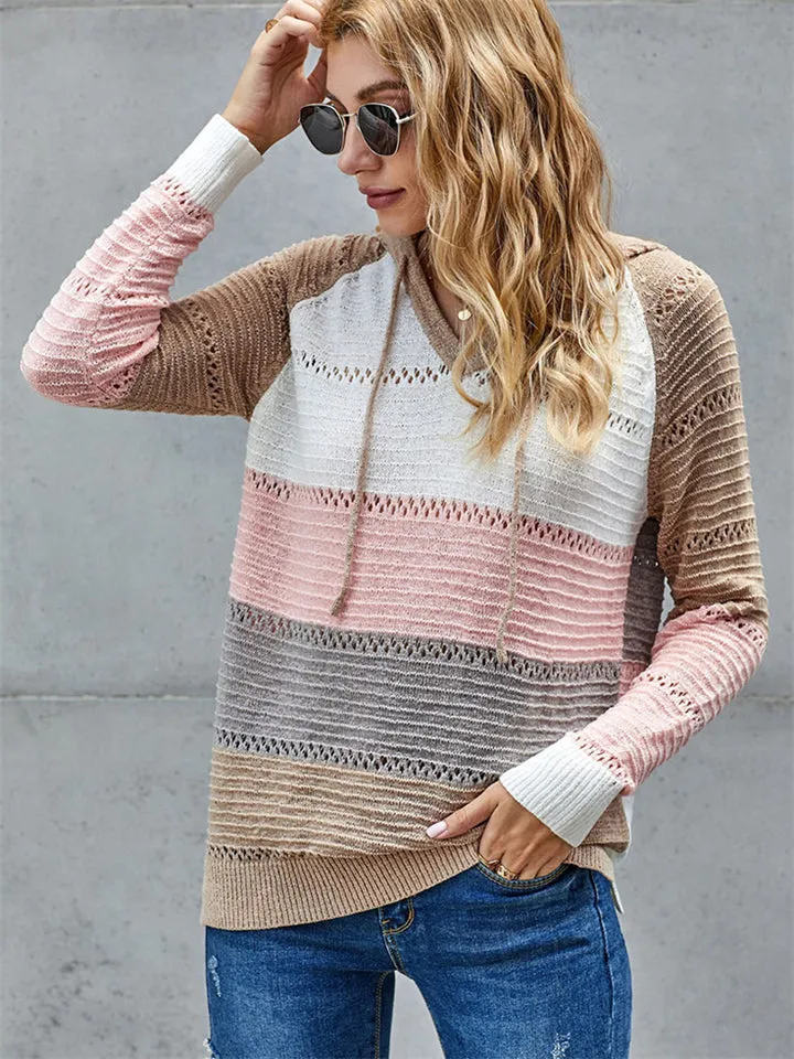 Color Block Hooded Sweater With Ajustable Drawstring