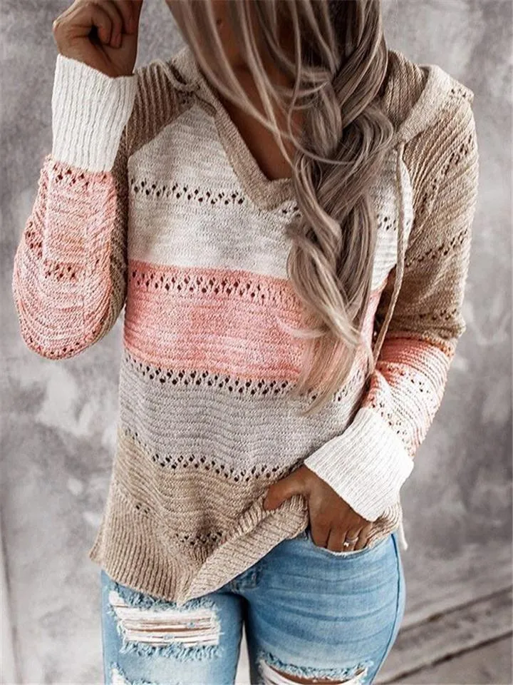 Color Block Hooded Sweater With Ajustable Drawstring